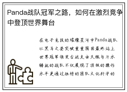 Panda战队冠军之路，如何在激烈竞争中登顶世界舞台