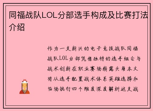 同福战队LOL分部选手构成及比赛打法介绍